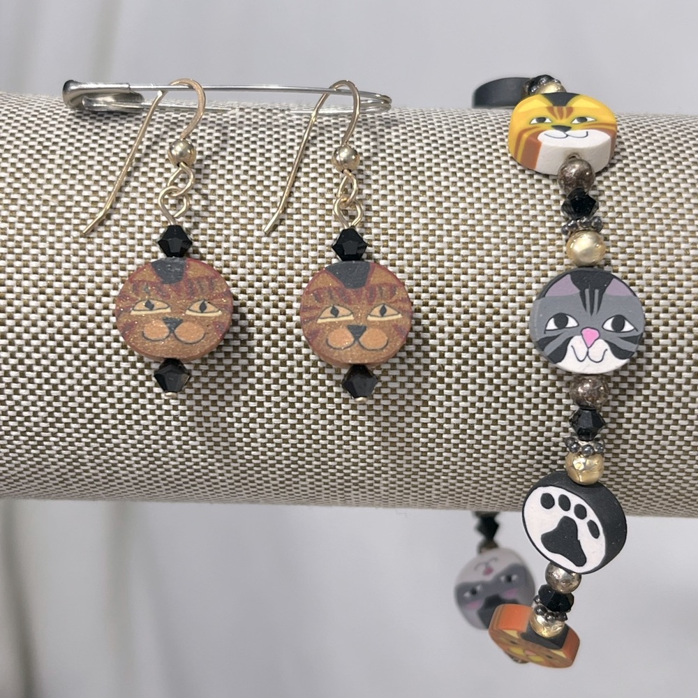 Bracelet & Earring Set Handmade Adorable Cat Themed-OS